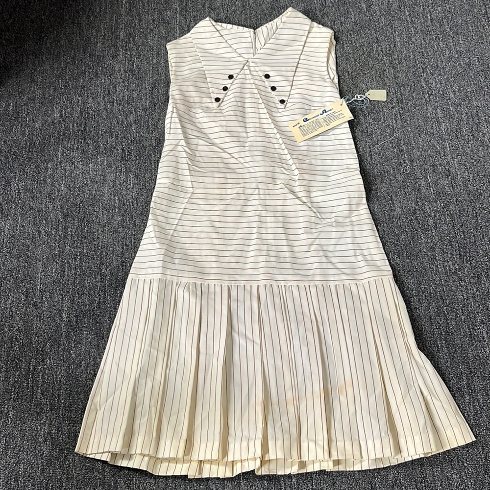 1960s white and brown pinstripe sleeveless dress